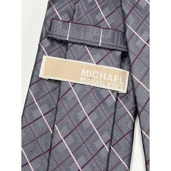 Michael Kors Men’s Gray Pink Purple Plaid Silk Tie - Picture 7 of 11